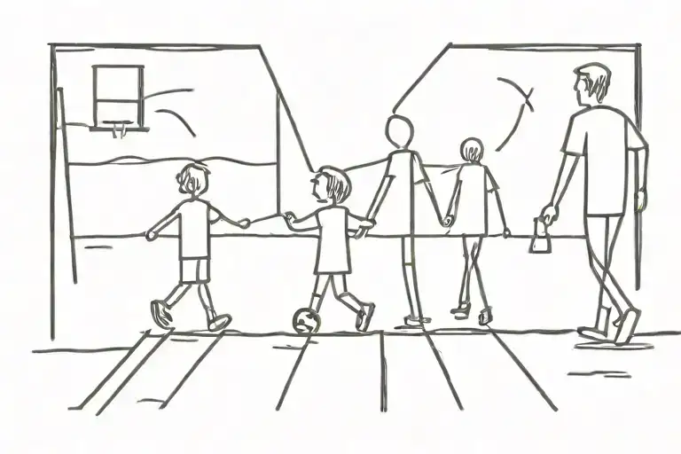 Father With Two Sons Walking On Football Field