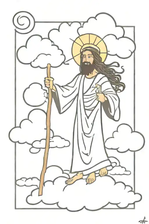 Long Haired Jesus Wearing Hermes Staff With Clouds