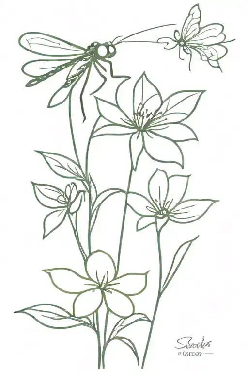 Create A Simple Line Tattoo Consisting Of A Simple Flower And Dragon Fly