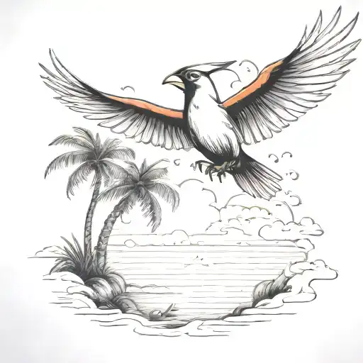 Flying Cardinal To The Ocean And Palm Tree With Clouds