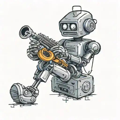 Create A Black-grey Tattoo Of A Robot Playing A Saxophone On An Alien Planet Landscape