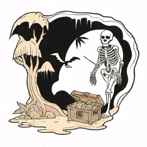 A Skeleton Pirate Guarding A Treasure Chest On A Tropical Island