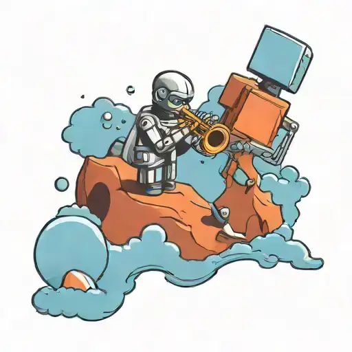 Create A Black-grey Tattoo Of A Robot Playing A Saxophone On An Alien Planet Landscape