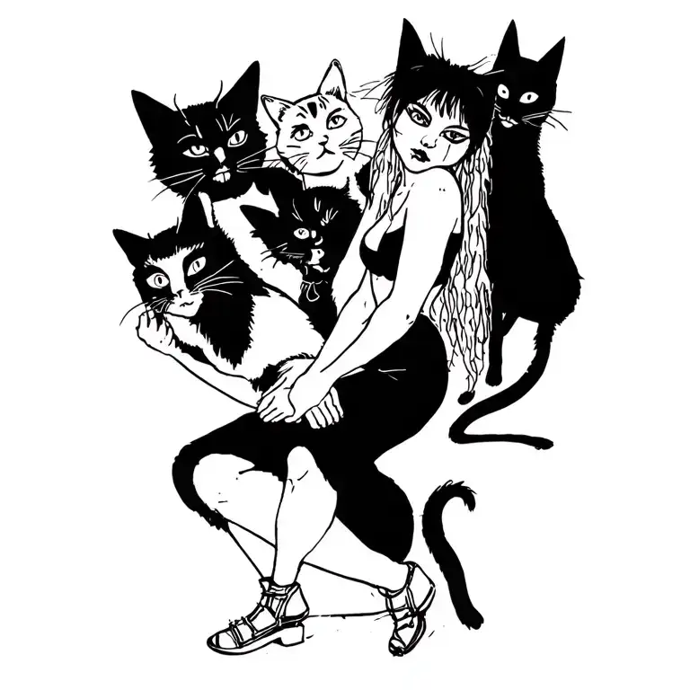 Woman Punk With Gang Of Cats