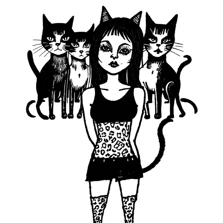 Woman Punk With Gang Of Cats