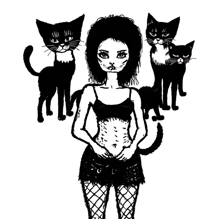 Woman Punk With Gang Of Cats