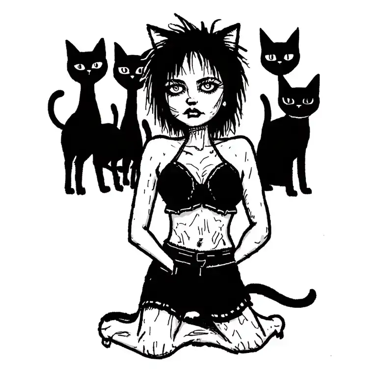 Woman Punk With Gang Of Cats