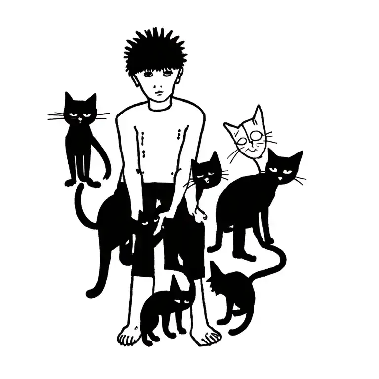 Punk Rock Young Man With Gang Of Cats