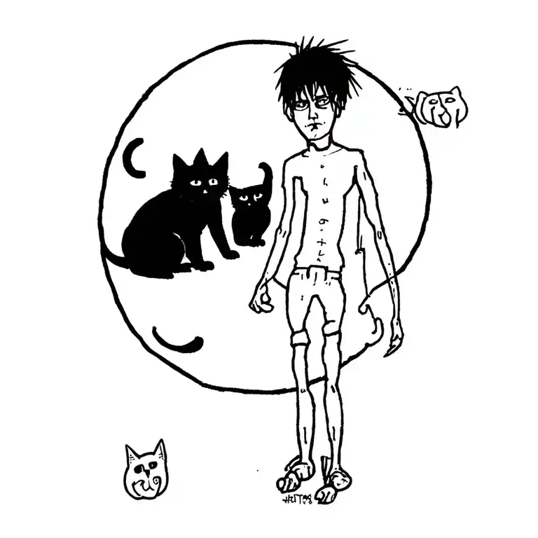 Punk Rock Young Man With Gang Of Cats