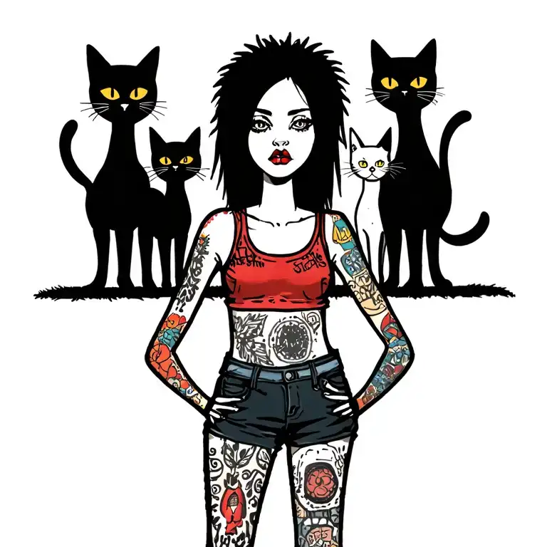 Woman Punk With Gang Of Cats