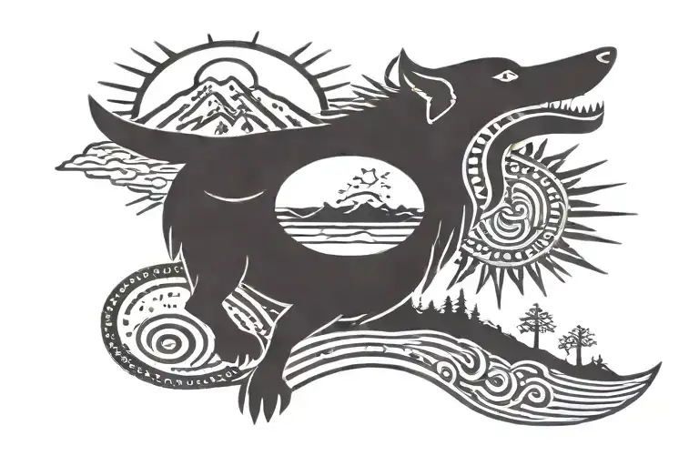 Sun And Moon And Mountains With Wolf