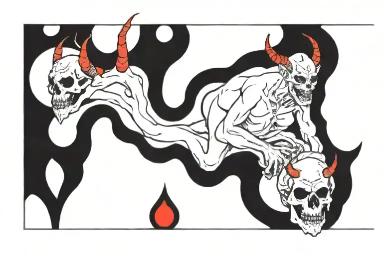 Demon With Horns Sitting On Skulls With Blood And Fire