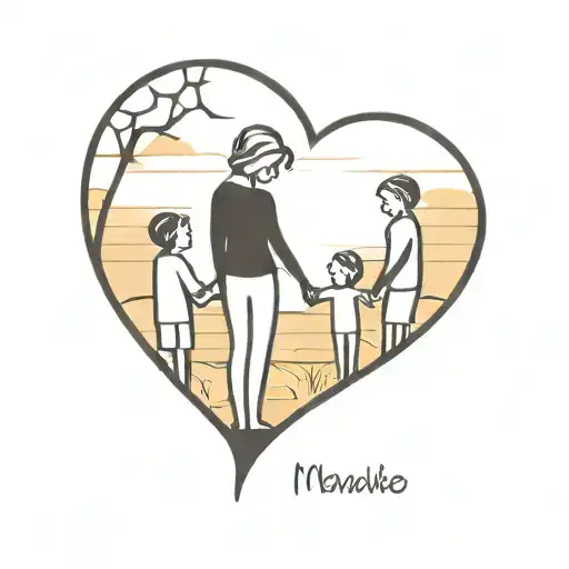 A Traditional Style Tattoo Of A Mother And Sons Silhouette Against A Heart-shaped Sunset