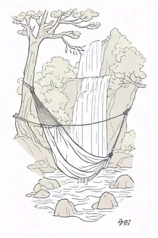 A Hammock In The Woods Beside A Raging River With A Majestic Waterfall