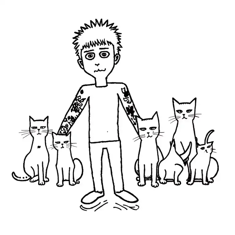 Punk Rock Young Man With Gang Of Cats