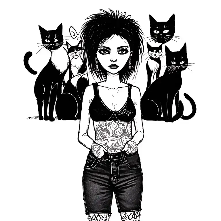 Woman Punk With Gang Of Cats
