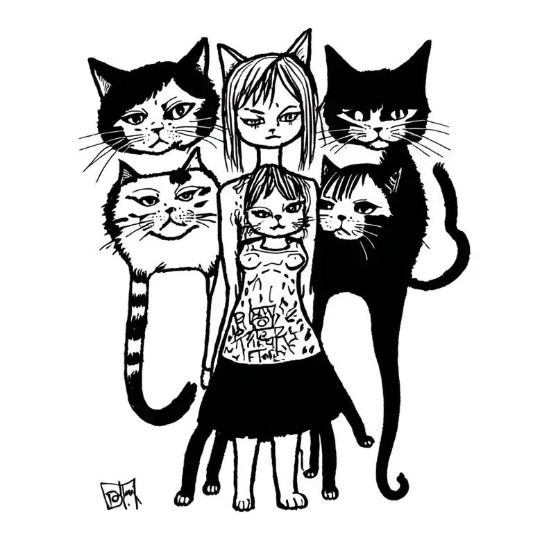 Woman Punk With Gang Of Cats