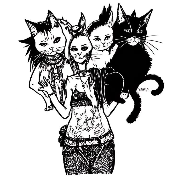 Woman Punk With Gang Of Cats