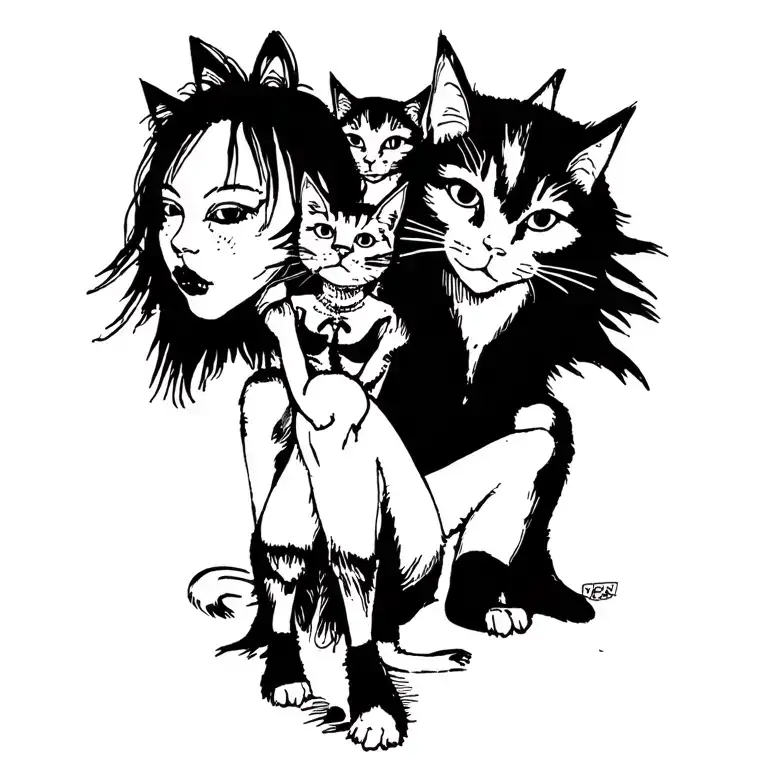 Woman Punk With Gang Of Cats