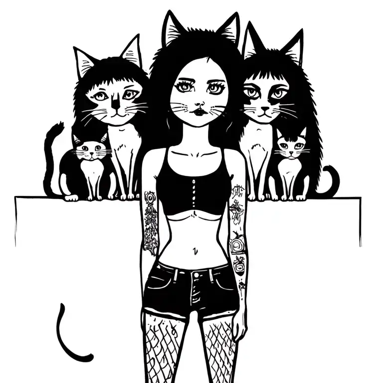 Woman Punk With Gang Of Cats