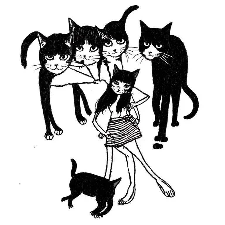 Woman Punk With Gang Of Cats