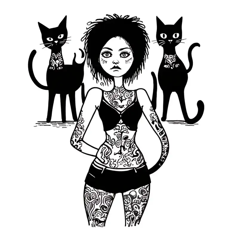 Woman Punk With Gang Of Cats