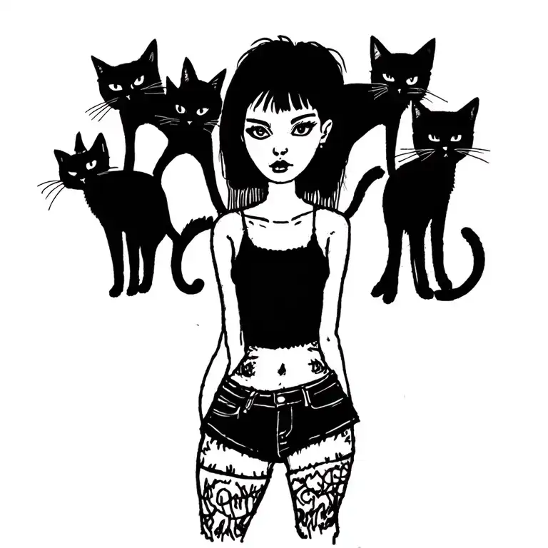 Woman Punk With Gang Of Cats