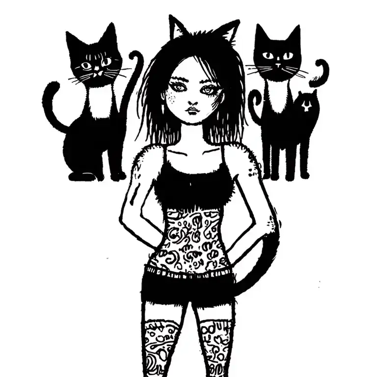 Woman Punk With Gang Of Cats