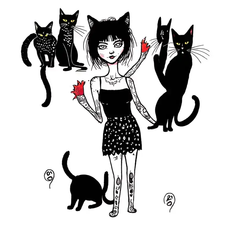 Woman Punk With Gang Of Cats