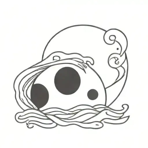 Draw Me A Moon In Japanese Style With Waves And Wind Inside In Black And White