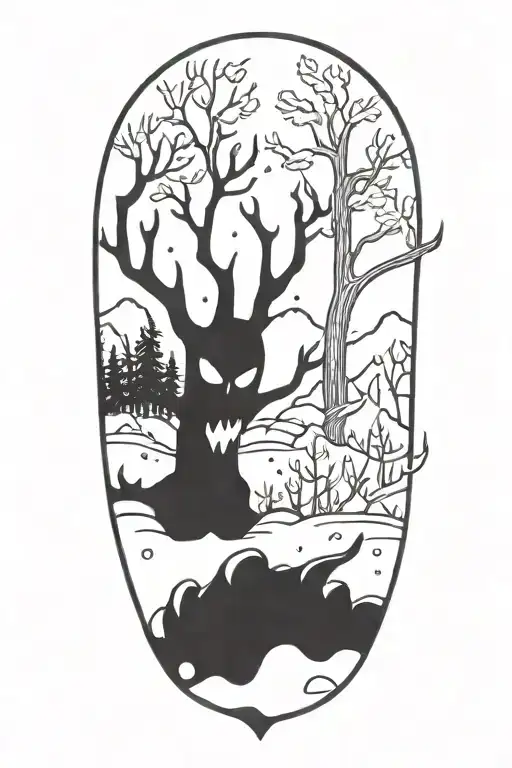 Demon Buried In Snow With Burning Trees