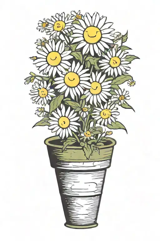Smiling Flower In A Pot Daisy On A Long Stem In White Yellow Brown Green Colors