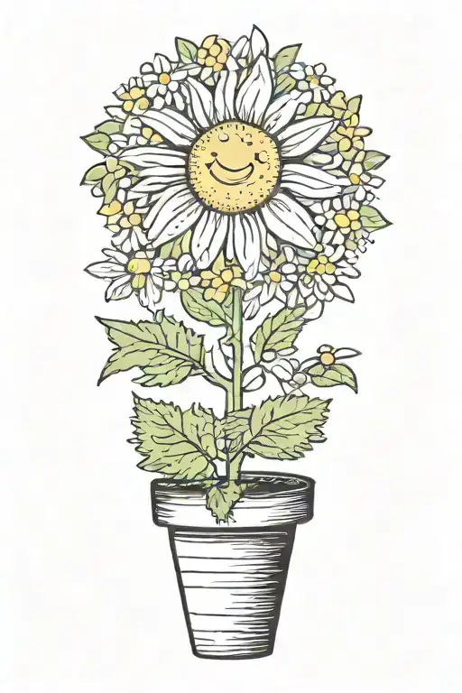 Smiling Flower In A Pot Daisy On A Long Stem In White Yellow Brown Green Colors