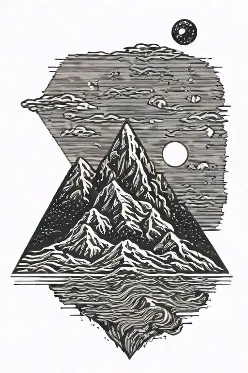 Single Mountain And Moon Surrounded By Straight Vertical Lines And The Gemini Constillation