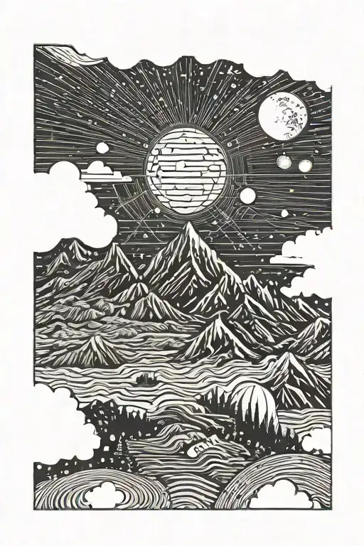 Single Mountain And Moon Surrounded By Straight Vertical Lines And The Gemini Constillation