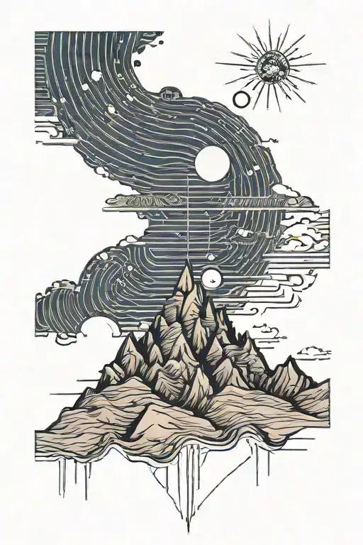 Single Mountain And Moon Surrounded By Straight Vertical Lines And The Gemini Constillation