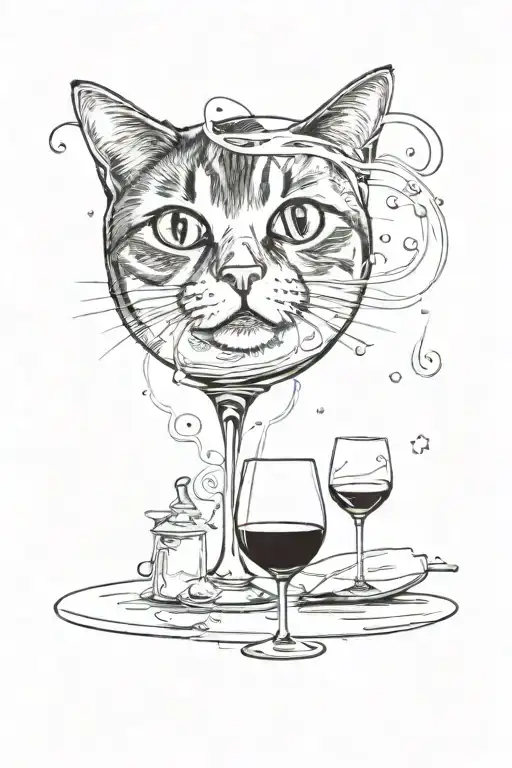 A Cat Looking Through Wine Glass On The Table