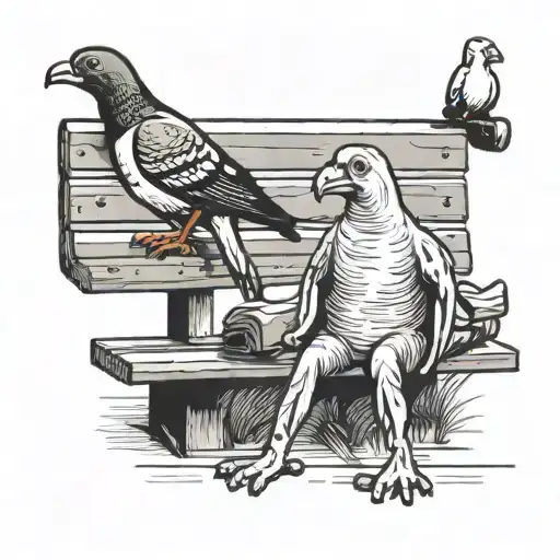 Funny Pigeon And Confused Frog Sitting On A Bench