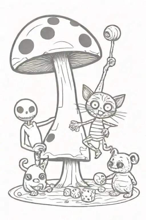 Coraline With Button Eyes Rolling Dice With Oogie Boogie And Chesire Cat Under A Mushroom