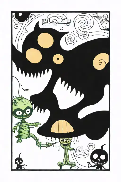 Coraline With Button Eyes Rolling Dice With Oogie Boogie And Cheshire Cat Under A Mushroom