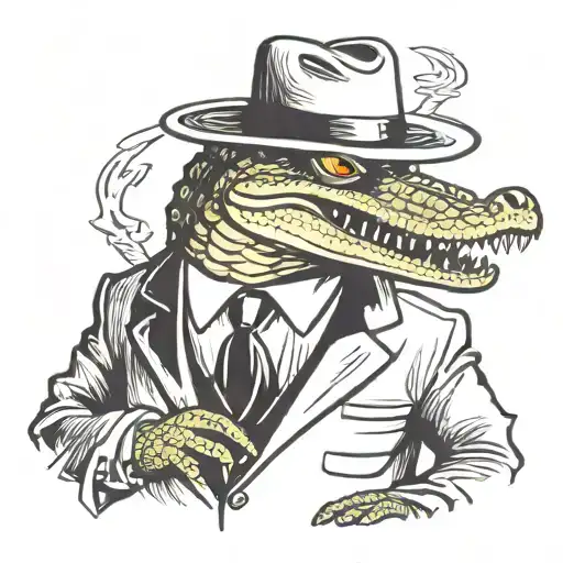 Portrait Of An Alligator Wearing A Suit And Mafia Fedora While Smoking A Blunt