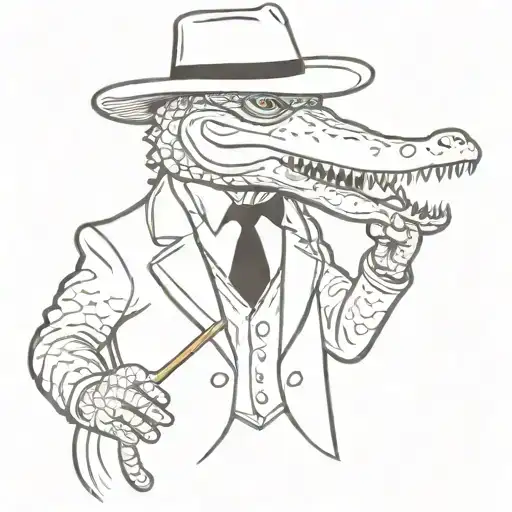 Alligator Wearing A Suit And Mafia Fedora While Smoking A Cigar