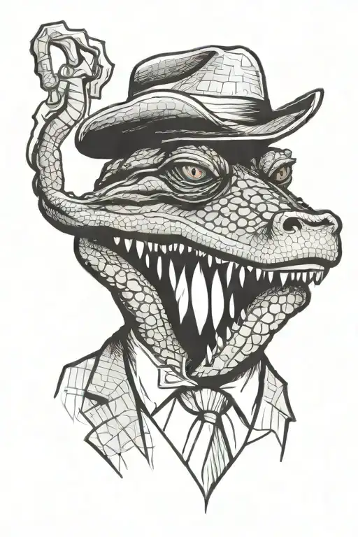 Portrait Of An Alligator Wearing A Suit And Mafia Fedora With A Cigar In His Teeth