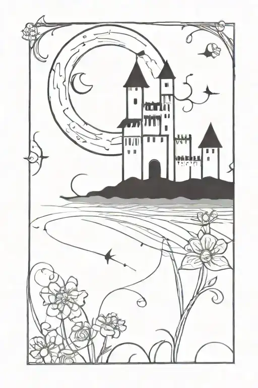 Abstract Castle Surrounded By Flowers Intertwined With A Moon In Background