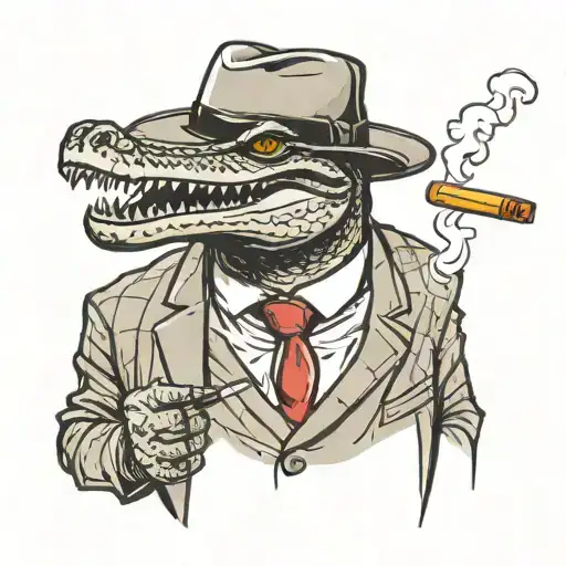 Portrait Of An Alligator Wearing A Suit And Mafia Fedora While Smoking A Blunt