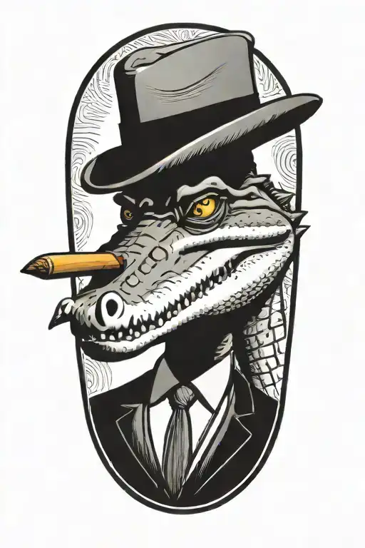 Portrait Of An Alligator Wearing A Suit And Mafia Fedora With A Cigar In His Mouth