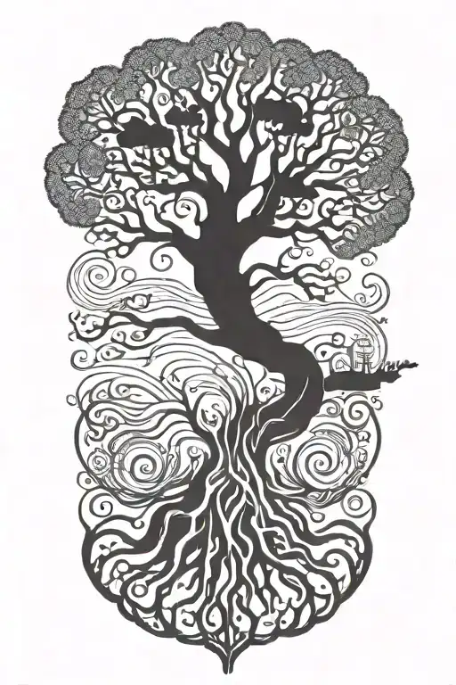 Trippy Tattoo Design Incorporating Yggdrasil Tree Silhouette