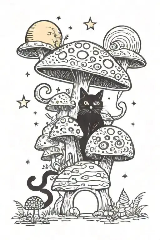 Colorful Mushroom Black Cat With Sun And Moon