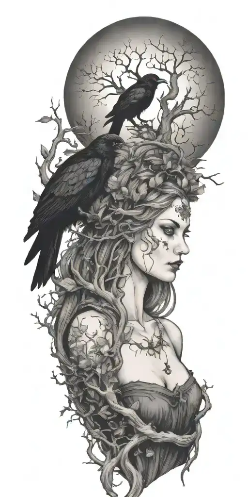 The Morrigan Irish Goddess With Crows An Old Oak Tree Growing And Bright Moonlight
