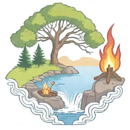 A Rowan Berry Tree And A Campfire Beside A River Waterfalling Down The Front